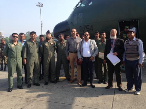 BGMEA President Md. Atiqul Islam and Vice President Shahidullah Azim went to Nepal with more than ten thousand clothes early this morning by a special BAF flight and handed over the clothes to Nepal authority to distribute those among the earthquake victi